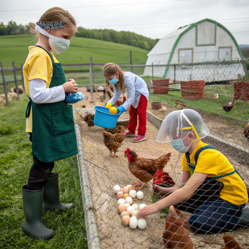 Children learning chicken care on interactive farm